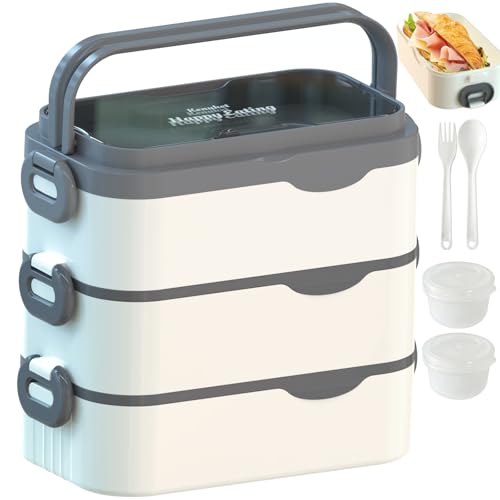 Bento Box Adult Lunch Box, Stackable 3 Layers Large Capacity Lunch Containers, Microwave and Dishwasher Safe Food Grade Containers with Utensils, Dividers and Sauce Boxes for Men, Women, Kids - color: White-Black