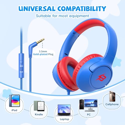 [Purple + Blue] Kids Headphones for School Travel, 85/94dB Volume Litmit, HD Mic Stereo Sound Wired Over-Ear Toddler Girls Boys Headphones for Kid, Foldable 3.5mm for Tablet