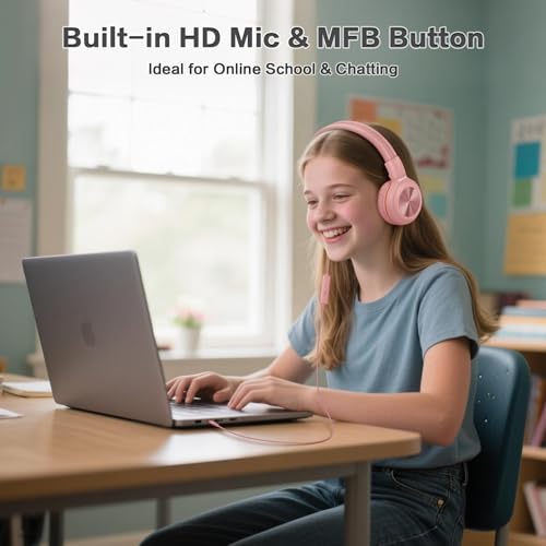 SIMOLIO 2 Pack Wired Headphones with Share Port, Foldable Headset with MIC | Manyshare Series, Durable for Teen Girls Boys, Over Ear Headset w/ Volume Limited for Tablet PC Chromebook School Travel Gift - color: Pink & Navy Blue