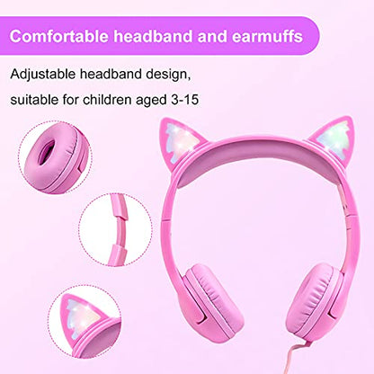 Olyre Kids Cat Ear Headphones, Girls Wired Headset, Audio Sharing Jack, Mic | LED Light-Up kitty headphones; Fun design; Volume limited; Tangle-Free cord; Toddlers, preschools, airplane, classroom - color: All-Pink