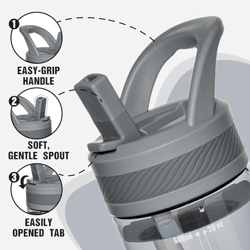 OLDLEY 20oz Kids Water Bottle with Straw, BPA-Free Tritan Water Bottle for School, Leakproof Clear Water Bottle with One Click Open, Measurement Scale, Cup Holder Friendly for Boys Girls,Grey - color: Grey