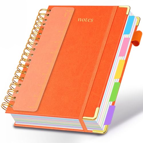 Hardcover Spiral Notebook 8"x10" Journal Notebook with Tabs and Removable Dividers 300 Pages 5 Subject Notebook College Ruled, Faux Leather Spiral Bound Notebook for Women School Work (Orange) - color: Orange, size: 8"x10"(B5)