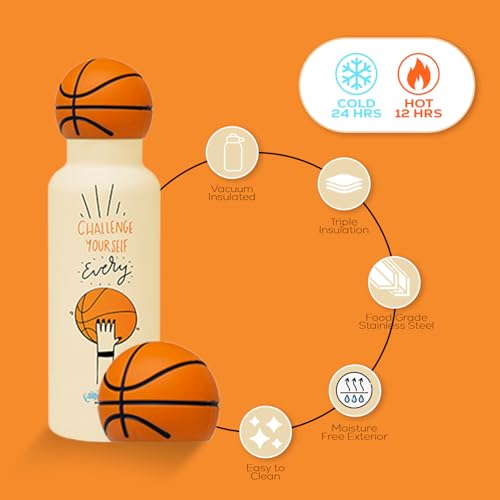 Challenge Yourself Basketball Water Bottle - Insulated with Basketball Design for Enthusiasts – Stainless Steel Water Bottle with Leak Proof Design - 16oz - color: Basketball Bottle