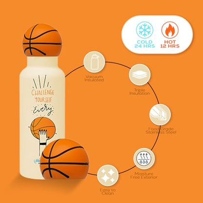 Challenge Yourself Basketball Water Bottle - Insulated with Basketball Design for Enthusiasts – Stainless Steel Water Bottle with Leak Proof Design - 16oz - color: Basketball Bottle