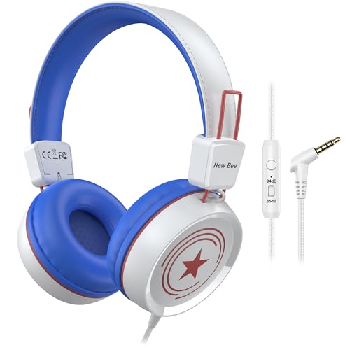 New Bee Kids Headphones for School with Microphone KH20 HD Stereo Safe Volume Limited 85dB/94dB Foldable Lightweight On-Ear Headphone for boy Mac/Android/Kindle/Tablet/Pad - color: Blue White, size: wired