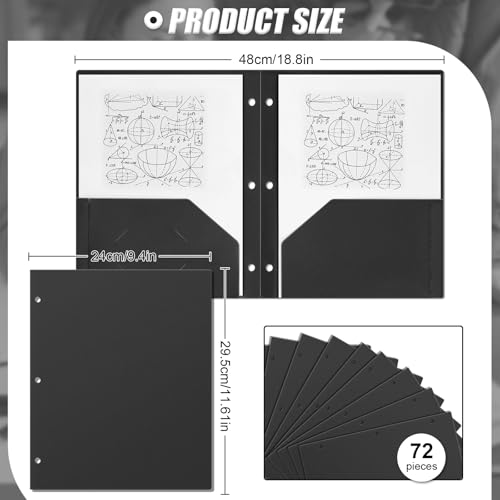 Yeaqee 72 Pcs Plastic Folders with Pockets Bulk 3 Hole Punched 2 Pocket File Folders for 3 Ring Binder Divider Folder for Notebooks, Durable Poly for Office Home (Black) - color: Black
