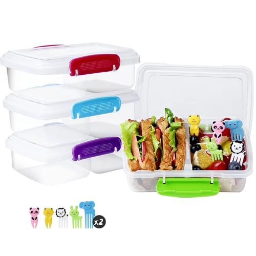 Greentainer 4 Pack Snack Containers with Lids for Kids, 2 Compartment Reusable Bento Lunch Box with Cute Forks, Divided BPA-Free Plastic Food Storage & Meal Prep for School, Travel, Fruits & Snacks - color: Bright-Color