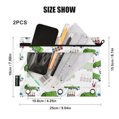 Garbage Truck Trash Recycling Pencil Pouch for 3 Ring Binder, Binder Pencil Pouches with Clear Window Zipper Pencil Case for Office College Supplies, 2PCS (B0309) - color: B0309
