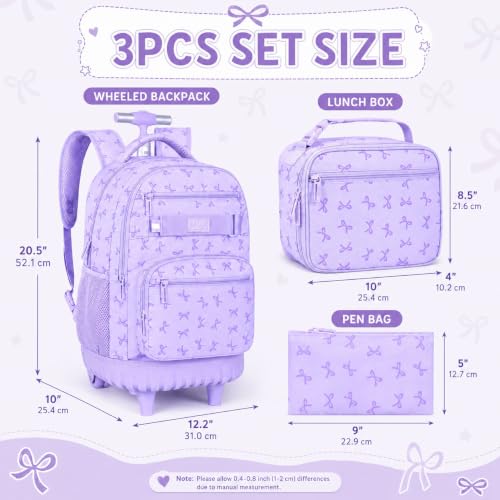 AGSDON Sophisticated Bow Print Rolling Bookbag for Girls Set – 20” Roller School Backpack with Matching Lunch Box for Travel, Commute | Water-Resistant Fashion Wheeled Organizer in Purple - color: Rolling Backpack Set - Bow Purple