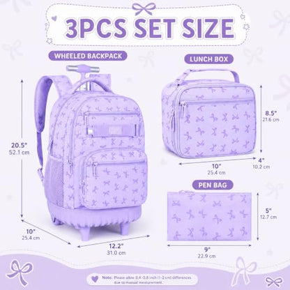 AGSDON Sophisticated Bow Print Rolling Bookbag for Girls Set – 20” Roller School Backpack with Matching Lunch Box for Travel, Commute | Water-Resistant Fashion Wheeled Organizer in Purple - color: Rolling Backpack Set - Bow Purple