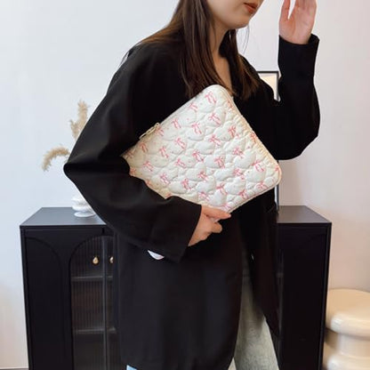 Cute Bow Laptop Sleeve 13 Inch, Puffy & Quilted Protective Case, Aesthetic Padded Computer Cover for Mac-Book, Tablet Compatible - color: Beige-Cute