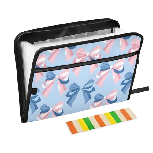 Expanding File Folder Pink Bow Blue Pattern Accordion File Organizer 13 Pockets Document Organizer with Zipper Labels A4 Letter Office Storage - color: Multi18