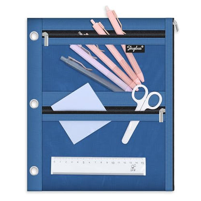 SKYDUE Binder Pencil Pouch for 3 Ring Binder, 3 Compartment Zipper Case, Large Capacity Pen Organizer with Clear PVC Window for School Supplies, Students, Kids & Teachers - color: Navyblue