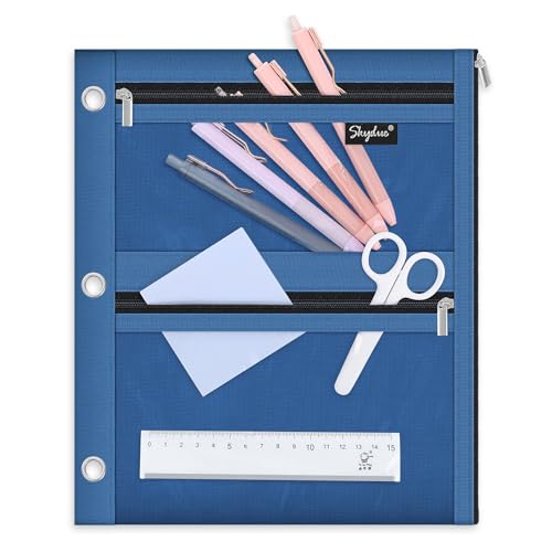 SKYDUE Binder Pencil Pouch for 3 Ring Binder, 3 Compartment Zipper Case, Large Capacity Pen Organizer with Clear PVC Window for School Supplies, Students, Kids & Teachers - color: Navyblue