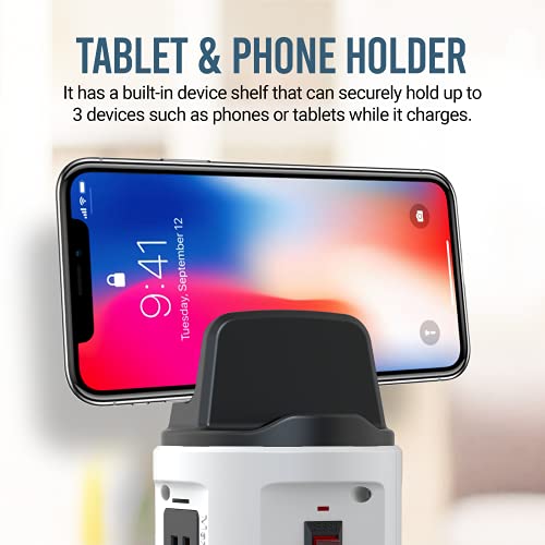 Bell+Howell 스핀 파워 스트립 타워 서지 프로텍터 - 콘센트 4개, USB 포트 6개, 101.6cm(40인치) 접이식 코드, 360° 회전 | 휴대폰 및 태블릿 홀더가 내장된 전기 충전 스테이션 | USB 콘센트 익스텐더