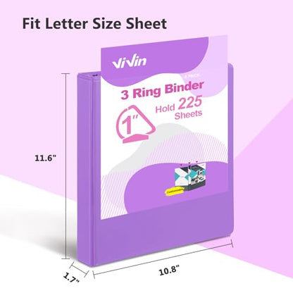 ViVin 튼튼한 2.5cm(1인치) D 링 바인더, 포켓 2개가 있는 링 바인더 3개, 사무실, 가정, 학교용 미국 레터 사이즈 용지 225장 보관, 6팩 (퍼플) - color: 핑크, size: 1인치