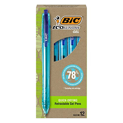 BIC Ecolutions Ocean-Bound Plastic Gel Pens, Medium Point (1.0mm), 12-Count Pack, Retractable Blue Ink Pens Made from 78% Ocean-Bound Recycled Plastic Excluding Ink Cartridge - color: Blue