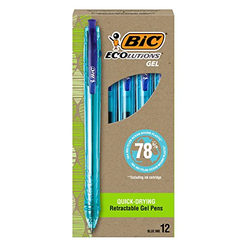 BIC Ecolutions Ocean-Bound Plastic Gel Pens, Medium Point (1.0mm), 12-Count Pack, Retractable Blue Ink Pens Made from 78% Ocean-Bound Recycled Plastic Excluding Ink Cartridge - color: Blue