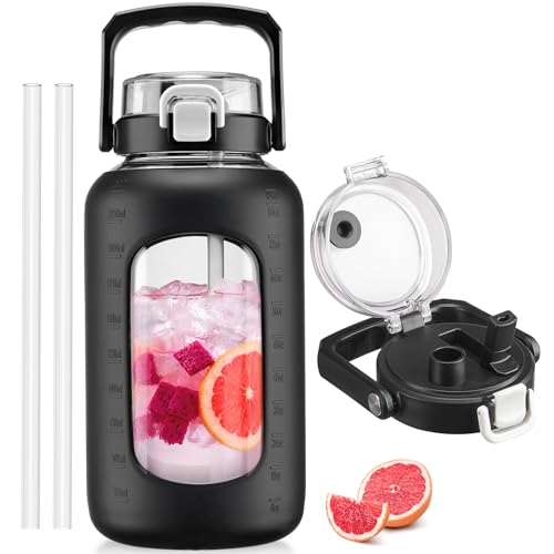 BLUEGO 84oz Glass Water Bottle with Straw and Handle, Large Water Bottle with Sip & Chug Lid, 2.5L Water Jug Silicone Sleeve with Time, Full Day Drinking Bottle for Sports BPA Free, Black - color: Black, size: 84 Ounces