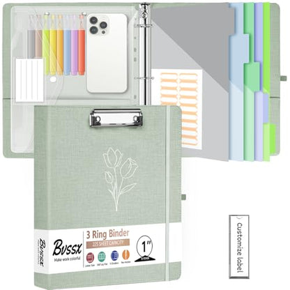 1 Inch 3 Ring Linen Binder Organizer, BVSSX Three Ring Binders with Clipboard, Plastic Folder, 5-Tabs Pocket Dividers with Sticker Labels, Pen Loop, Elastic Strap (Sauge, Letter Size) - color: Sauge, size: 1in（Letter Size）