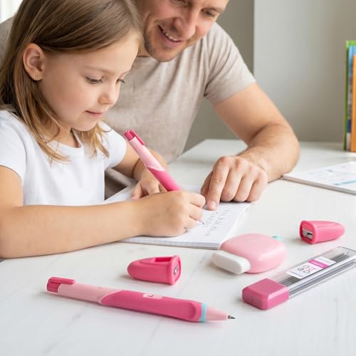 Ergonomic Pencil Set, 2.0mm HB Mechanical Pencils for Kids, School Supplies Include Sharpener, Eraser & 6 Extra Leads – Handwriting Aid for Preschool, Kindergarten, Homes, Pink, L - color: Pink