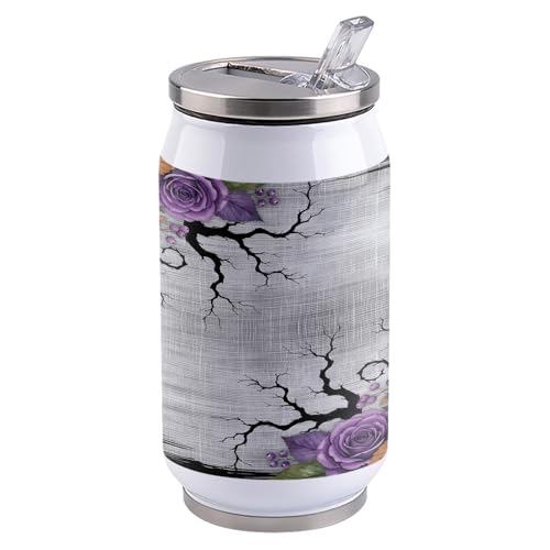 T&H XHome Halloween 14oz Stainless Steel Tumbler with Lid & Straw-Double Wall Vacuum Insulated Travel Mug Evil Flower Bat Linen Texture Gray Water Bottle Coffee Beverage Drinks Cup - size: 14 Ounces