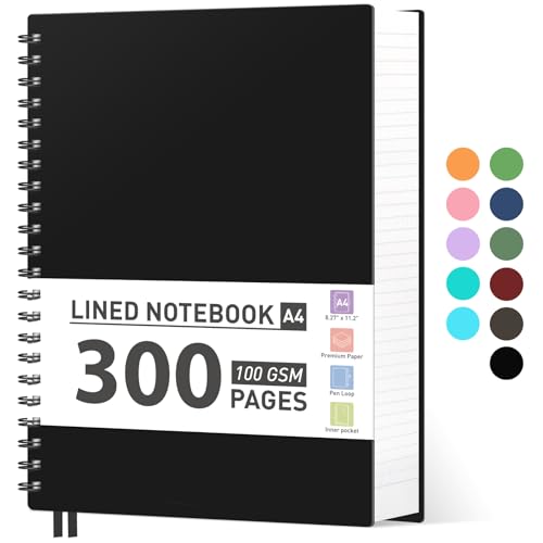 AHGXG Spiral Notebook College Ruled - Spiral Journal Notebook 8.5" x 11" Large A4, 300 Pages Lined Journal, 100GSM Thick Paper, Plastic Hardcover, for Women Men Office School Writing Work, Black - color: Black, size: A4-Regular