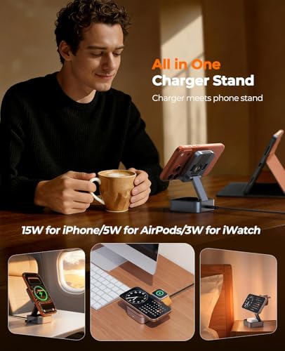 3 in 1 Wireless Charging Station for Apple Multiple Devices, Foldable Travel Compact MagSafe Charger Stand with 20W PD Adapter for iPhone 17/16/15/14/13, Apple Watch, AirPods Pro/4 - Space Grey