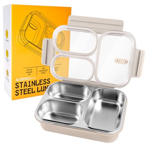 Stainless Steel Lunch Box, 3 Compartments Metal Bento Box for Kids, 25oz Lunch Container with Leakproof Lid, Divided Meal Prep Box for Adults, Kids - Ideal for Office, School, Healthy Eating - color: Cream Beige