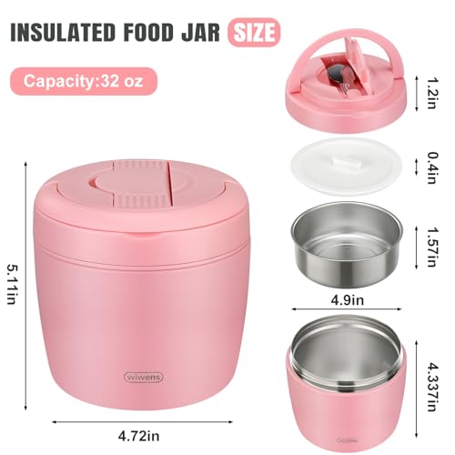 wiwens Thermo Food Jar for Hot Food Adults 32OZ Soup Thermo Lunch Containers Wide Mouth Vacuum Insulated Stainless Steel Leakproof Bento Box with Spoon (Pink2) - color: Pink2