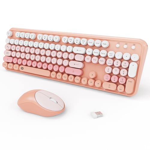 Wireless Keyboard and Mouse Combo, 2.4GHz Colorful Cute Round Keycaps Keyboard for Office Computer PC Desktops Laptop (104 Keys Pink White) - color: 104 Keys Pink White