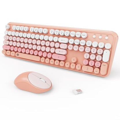 Wireless Keyboard and Mouse Combo, 2.4GHz Colorful Cute Round Keycaps Keyboard for Office Computer PC Desktops Laptop (104 Keys Pink White) - color: 104 Keys Pink White