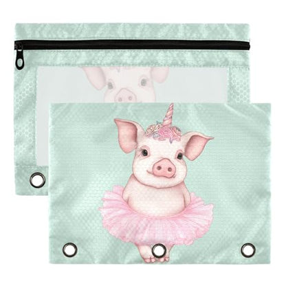 Studying 2 Pack Cartoon Pig in Pink Ballerina Dress 3 Ring Binder Pencil Pouch Bags,Clear Window Zipper Storage Case for Boys Girls School Office Supplies Cosmetics Organizers - color: Multi-pig