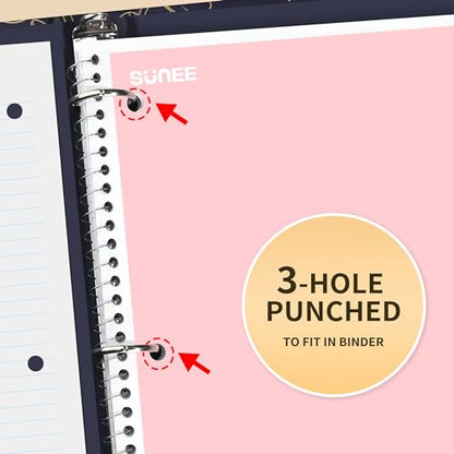 SUNEE Spiral Notebooks College Ruled, 1-Subject, 4 Pack, 8 x 10-1/2 in, 70 Sheets, 3-Hole Punched 70gsm Paper, Pastel Pink, Purple, Blue, Green for School, Home & Office, Writing Journal - color: Multicolor