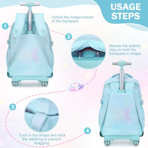 FIXITOK Rolling Backpack for Girls, Kawaii Bunny Roller Wheels School Backpacks with Lunch Bag Pencil case, Wheeled Suitcase Bookbag for Elementary Travel Dreamy Aquamarine - color: Dreamy Aquamarine