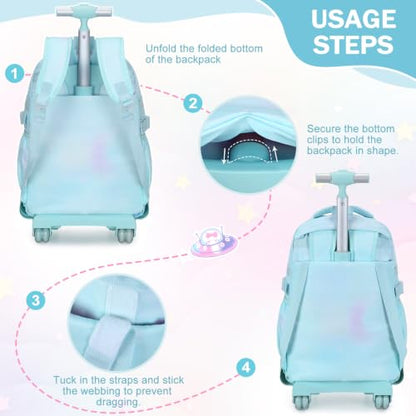 FIXITOK Rolling Backpack for Girls, Kawaii Bunny Roller Wheels School Backpacks with Lunch Bag Pencil case, Wheeled Suitcase Bookbag for Elementary Travel Dreamy Aquamarine - color: Dreamy Aquamarine