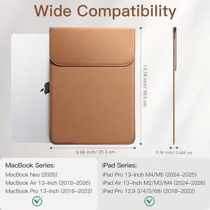 JETech Slim Laptop Sleeve for MacBook Neo (A18 Pro), MacBook Air 13-Inch (M2/M3/M4/M5) 2022-2026, MacBook Pro 13-Inch (M1/M2) 2016-2022, PU Leather Case (Brown) - color: Brown, size: 13-Inch