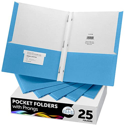 FILE-EZ Two-Pocket Folders with 3-Prong Fasteners, Light Blue Color, 25-Pack, Durable Textured Paper, Matte Finish, Letter Sheet Size (EZ-92520) - color: Light Blue
