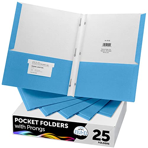 FILE-EZ Two-Pocket Folders with 3-Prong Fasteners, Light Blue Color, 25-Pack, Durable Textured Paper, Matte Finish, Letter Sheet Size (EZ-92520) - color: Light Blue