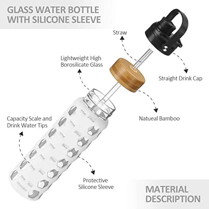 MUKOKO 24oz Glass Water Bottle, White | Glass Tumbler with Straw, Drinking Bottles with 2 Lids-Handle Spout Lid & Bamboo Straw Lid, Silicone Sleeve, 1 Pack - color: White, size: 24 Ounces