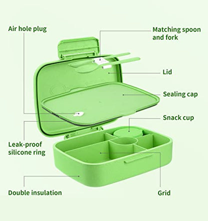 Bento Lunch Box with Kids/Adults, 5 Compartments Leakproof Lunch Container with Dressing Cup, Eco-Friendly Double Insulated Boxes, Dishwasher and Microwave Safe, BPA-Free (green) - color: Green
