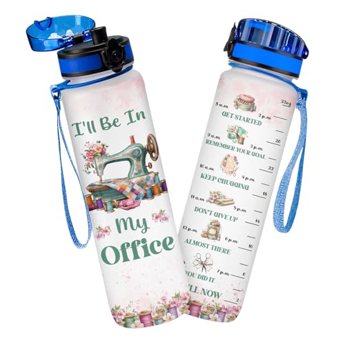 Sewing Embroidery Water Bottle 32oz I Will Be In My Office Seamstress Gift Birthday Mothers Day Gift for Women Sewing Machine Floral Design Motivational Time Marker Bottle - color: Sewing
