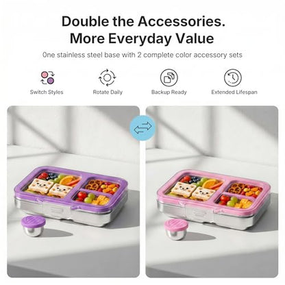 Leak-Resistant 18/8 Stainless Steel Bento Lunch Box Kids 7+ and Adults | 2 Swappable Style Accessories, BPA-Free Tritan Lid, Dishwasher Safe, School, Office & Travel - color: Purple