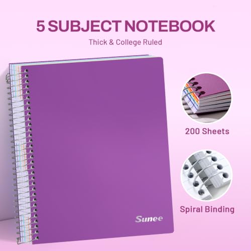 SUNEE 5 Subject Notebook College Ruled - 400 Pages, 9"x11", 5 Pocket Colored Dividers, 3-Hole Punched Paper, Dark Purple - color: Dark Purple, style: College Ruled