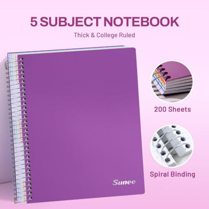 SUNEE 5 Subject Notebook College Ruled - 400 Pages, 9"x11", 5 Pocket Colored Dividers, 3-Hole Punched Paper, Dark Purple - color: Dark Purple, style: College Ruled