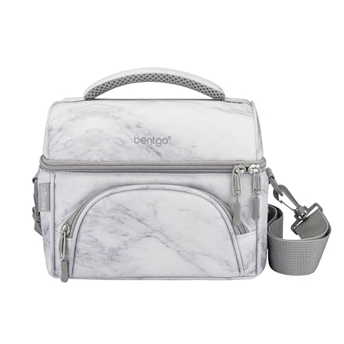 Bentgo Deluxe Lunch Bag - Durable and Insulated Lunch Tote with Zippered Outer Pocket, Internal Mesh Pocket, Padded & Adjustable Straps, & 2-Way Zippers - Fits Most Lunch Boxes (White Marble) - color: White Marble