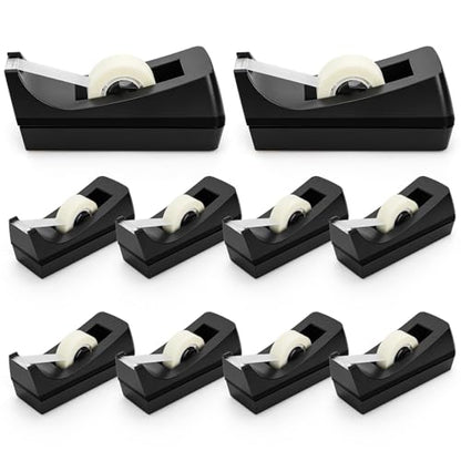 10 Pack Desktop Tape Dispenser, 1 Inch Core Tape Dispensers with 10 Rolls Invisible Tapes Refills, Non Skid Base Plastic Tapes Roll Dispenser Bulk for Desk Office Home School, 0.7 x 985 Inches