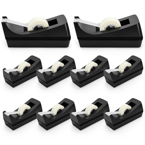10 Pack Desktop Tape Dispenser, 1 Inch Core Tape Dispensers with 10 Rolls Invisible Tapes Refills, Non Skid Base Plastic Tapes Roll Dispenser Bulk for Desk Office Home School, 0.7 x 985 Inches