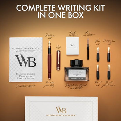 Wordsworth & Black Fountain Pen Gift Set, Includes Ink Bottle, 6 Cartridges, Refill Converter, 4 Replacement Nibs, Luxury Bamboo, Journaling, Calligraphy, Smooth Writing Pens [Violet Wood] - color: Violet Wood