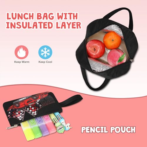 ACESAK Luminous Boys Backpack - Racing Car Bento Box with Insulated Lunch Bag Pencil Case & Utensils Set for Kids, 6 Leakproof Compartments Removable Tray Lunches or Snack Container (Racing Car) - color: Red Car